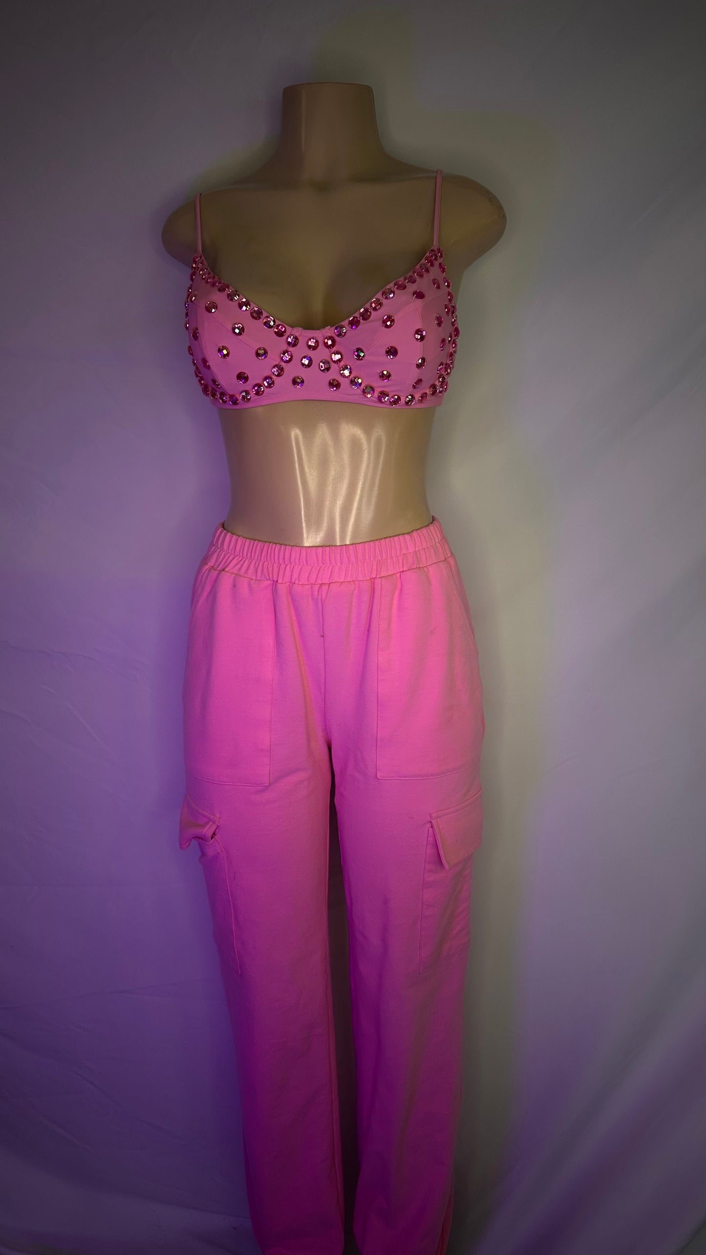 Pink Rhinestone bra and cargo pants 2 piece