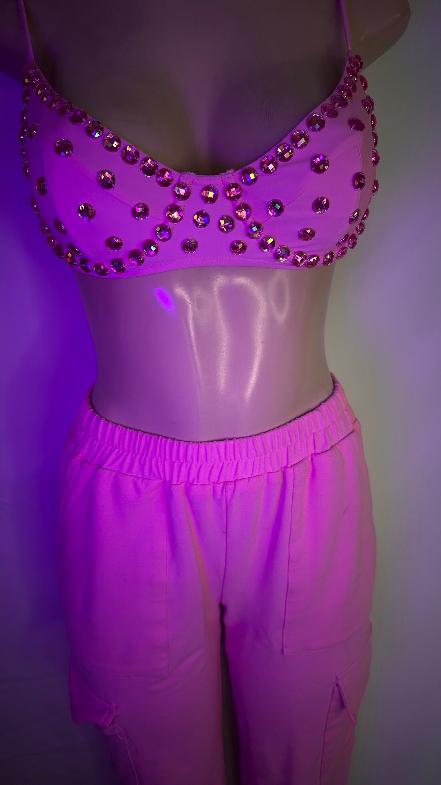 Pink Rhinestone bra and cargo pants 2 piece