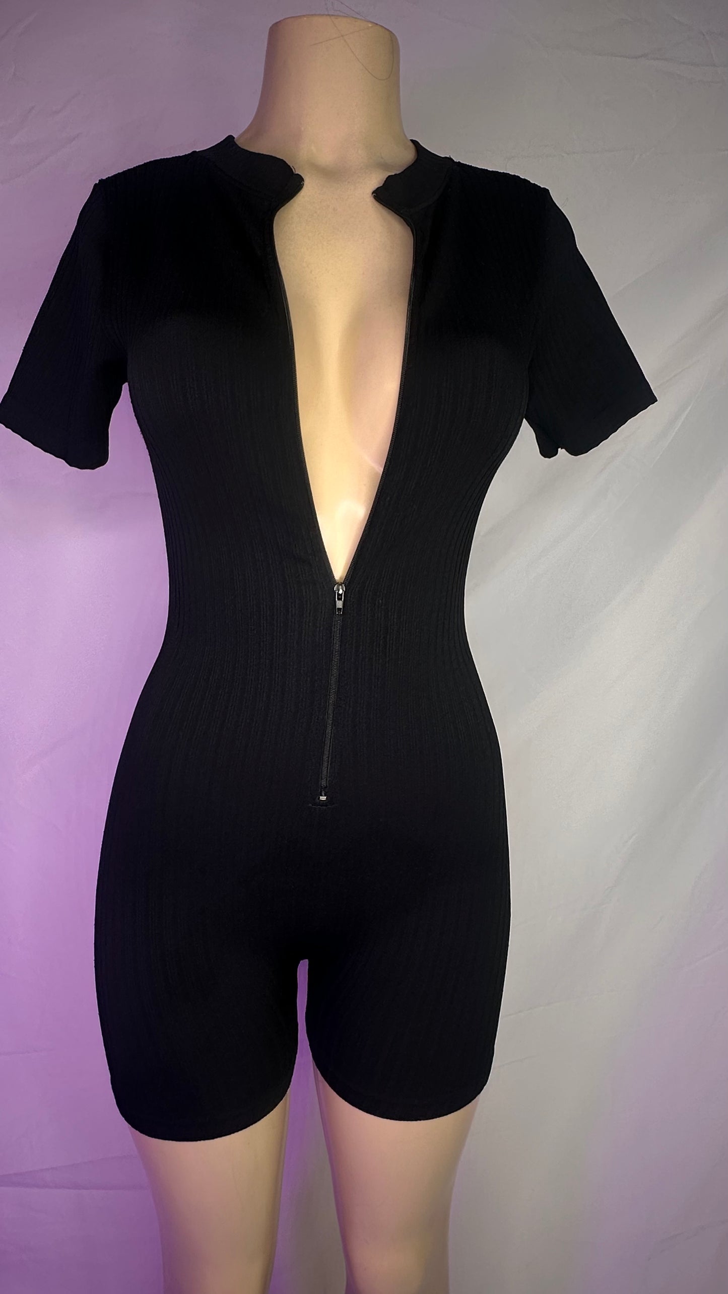 One size black front short zipper romper